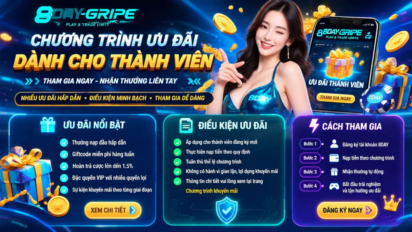Khu vực thông báo chương trình và điều kiện ưu đãi thành viên.